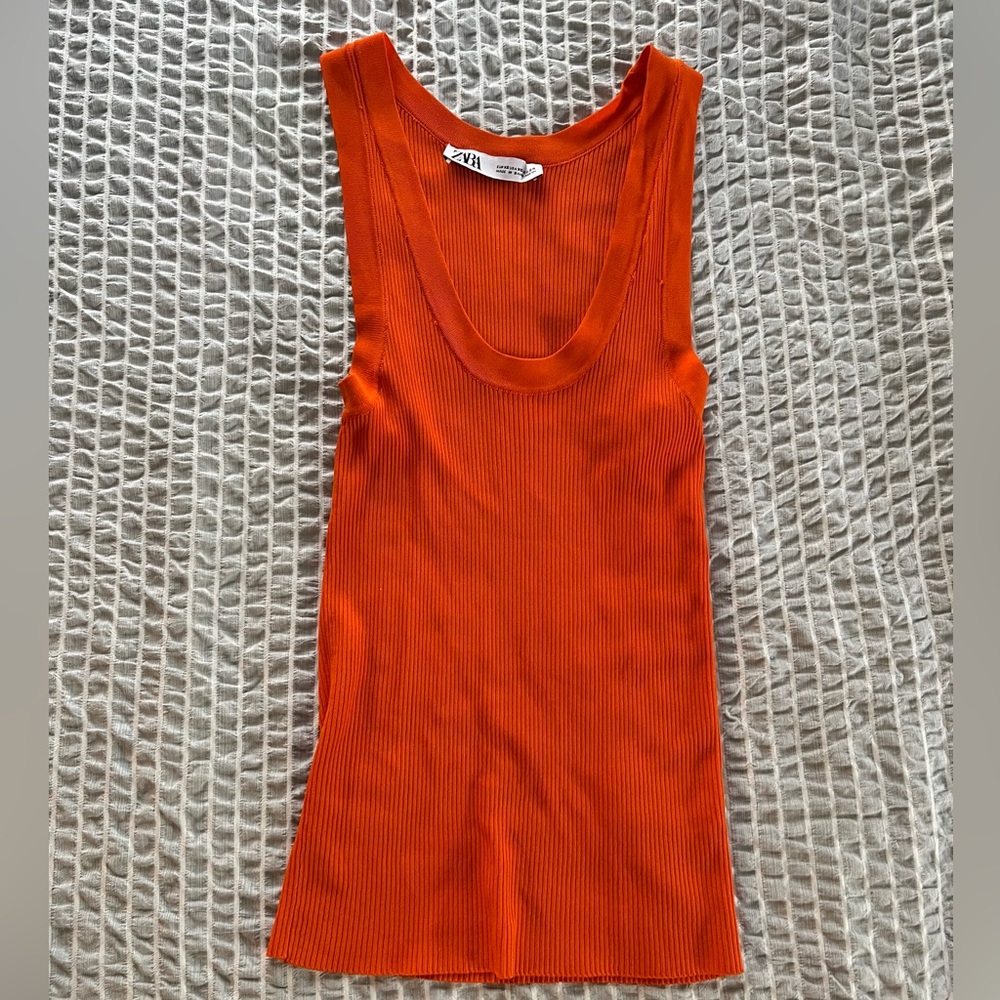 Zara Ribbed Scoop Neck Orange Tank Top